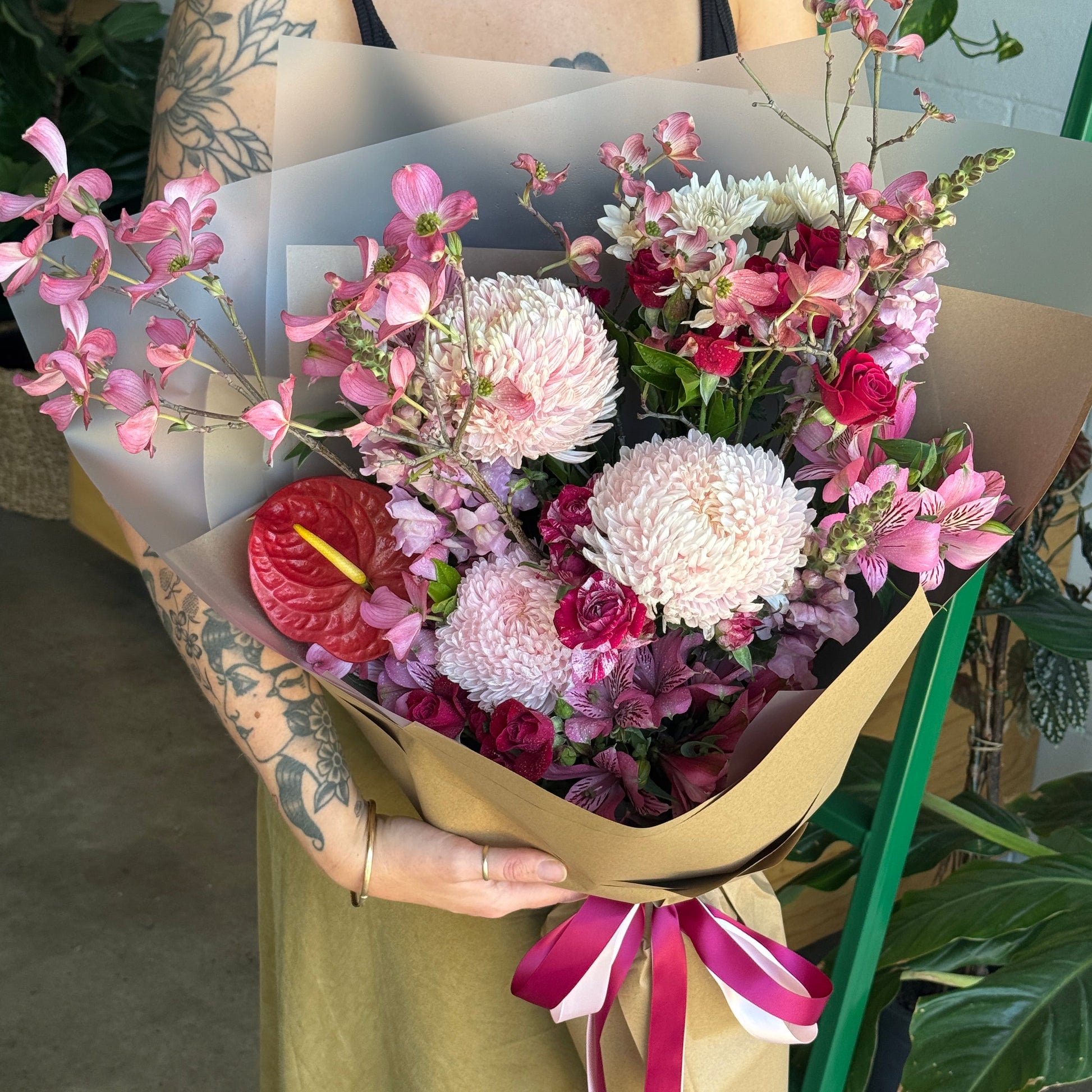 romantic pink and red bouquet made in moffat beach, caloundra
